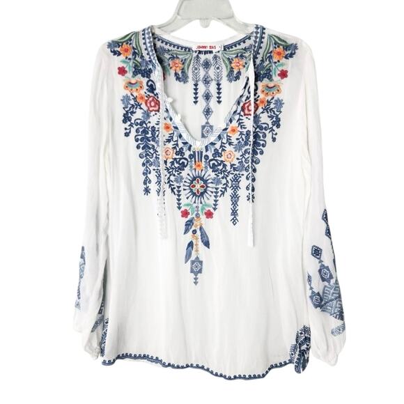 Johnny Was XL White Boho Embroidered Peasant Blouse Tunic Top Bohemian Chic - Picture 2 of 8